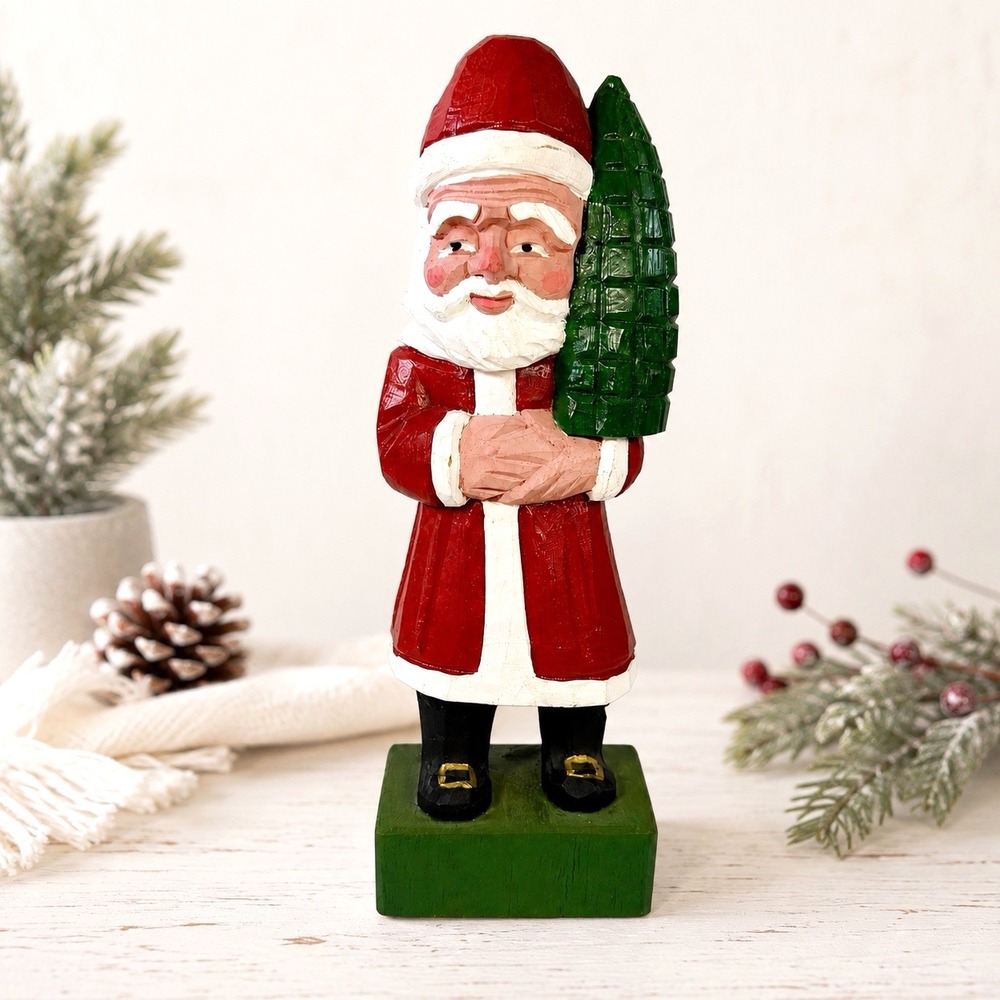 Vintage Hand Carved Wood Santa Claus Figurine Christmas Folk Art Decor 10.25"